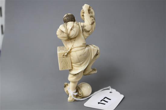 A Japanese carved ivory figure of an entertainer startled by a rat, late Meiji period, signed, height 11.5cm